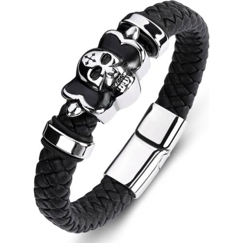 MOZO FASHION 2020 New Classic Men Bracelet Black Genuine Leather Skeleton Stainless Steel High Quality Sross Skull Jewelry 100