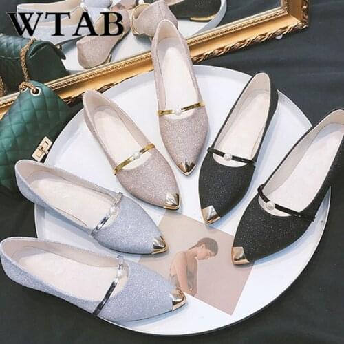 WTAB 2018 NEW casual Shallow flat shoes women metal Pointed Toe pu women shoes Slip-On Basic antiskid elegant ladies shoes