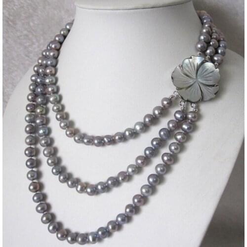 7-9mm 3Row Gray Freshwater Pearl Necklace Fashion Jewelry