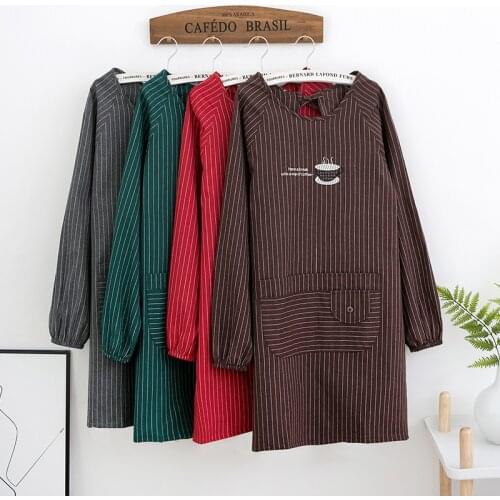 Striped Kitchen Sleeved Apron For Women Enlarged Pocket Waterproof Oil-Proof Cooking Baking Pinafore House Cleaning Bib 46432