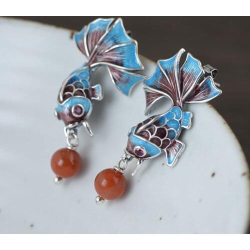 S925 Thai Silver Goldfish Earrings Retro Beautiful Elegant Pearl Southern Red Goldfish Earrings for Women