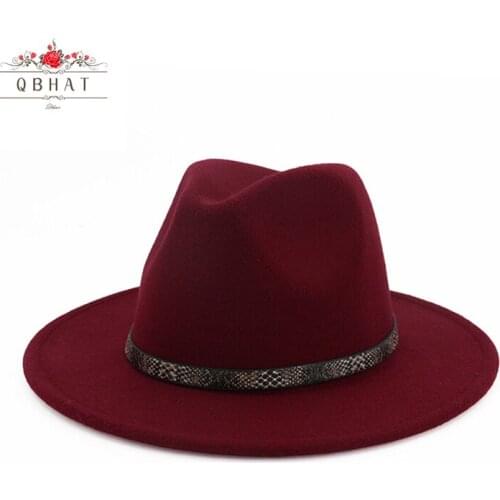 QBHAT Women Men Wide Brim Wool Felt Hat Floppy Jazz Cap Panama Fedora Hats with Snake Grain Leather Trilby QB57