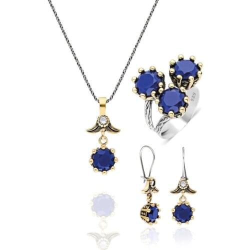 Blue Sapphire Cubic Zirconia Triple Authentic Women Silver Set Jewelry