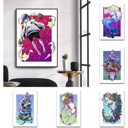 Nordic Abstract Cartoon Giant Turtle,Lion,Monkey ,Forest Elf,Space Girl Wall Art Canvas Painting Prints Poster Modular HomeDecor