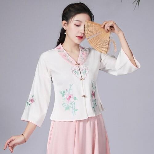 Traditional Chinese Style Clothing Women Tang Suit Embroidery Cheongsam Tops Retro Hanfu Shirts Blouse Elegant Qipao Top 30755