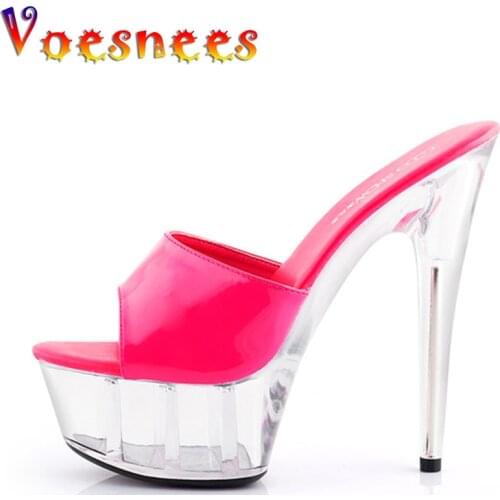 Voesnees 2021 New HOt Crystal Wedding Shoes Slippers Women Summer High Heels 15 cm Waterproof Platform Black Slides Plus Size