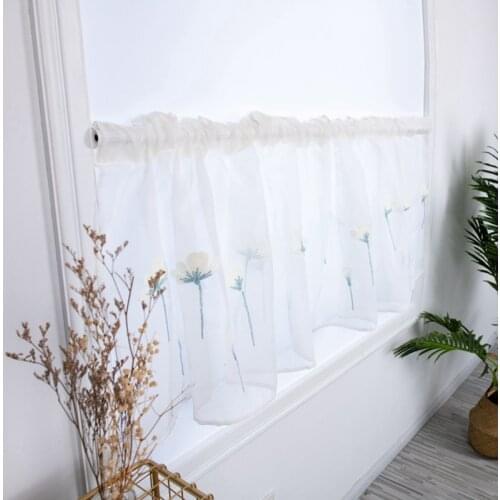 Rod Pocket Embroidered Kapok Flowers Semi Tier Curtain, Short Curtain For Kitchen Bathroom Living Room