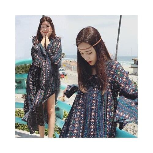 The mast size women trumpet sleeves Thailand long skirts long loose fork plus 2019 dresses in summer in Bohemia