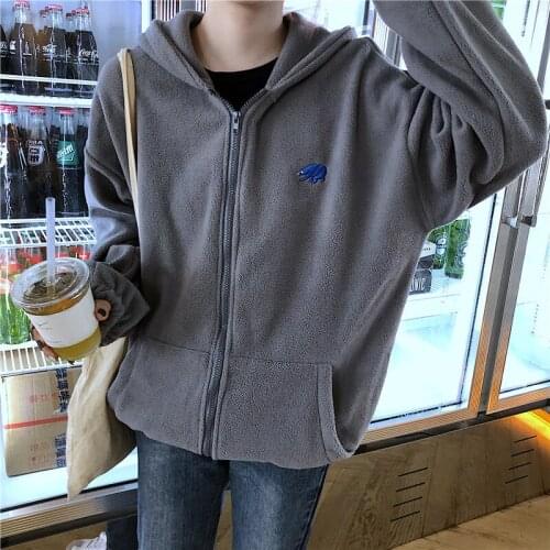 Winter Womens Polar Fleece Hoodie Tops Autumn Korean Fashion Animal Embroidery Printing Loose Plush Zipper Sweatshirt 2021 New