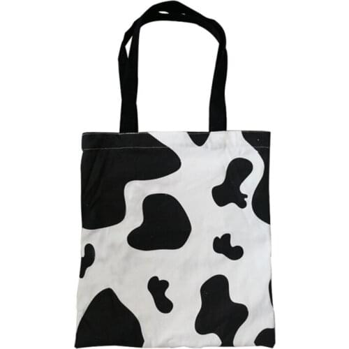 Cartoon Cow Print Women Canvas Tote Large Capacity Shoulder Bag Shopping Bags