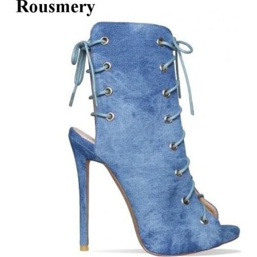 2017 New Design Women Fashion Open Toe Lace-up Ankle Gladiator Boots Cut-out Denim High Heel Short Boots Thin Heel Dress Shoes