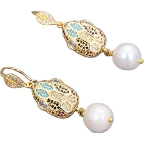 JK Natural White Pearl Yellow Gold Color Plated CZ Pave Earrings For Women