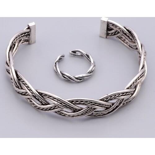 Vintage Punk Jewelry Sets For Woman Metal Braid Open Cuff Bangles Adjustable Rings Geometric Jewelry Set Female Boho Jewellery