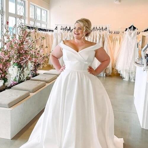 Plus Size A Line Wedding Dress Off Shoulder Satin Sweep Train Bridal Gown Back Button Simple Custom Made Women Bride Gowns