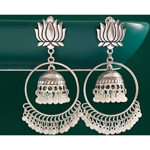 2021 Ethnic Style Fashion Earrings Popular Retro Silver Color Lotus Ring Pendant Bell Pearl Tassel Earrings Valentines Day Gift