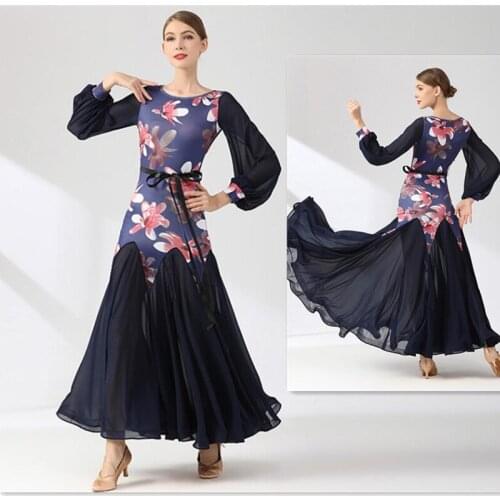 Ballroom Dance Gowns summer lantern sleeve ballroom dress flower print Adult Women ballroom pratice dress 9077