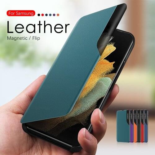 Leather smart view flip phone cover for samsung galaxy s21 s 21 plus ultra s21+ s21ultra 5g 2021 case magnetic book stand coque