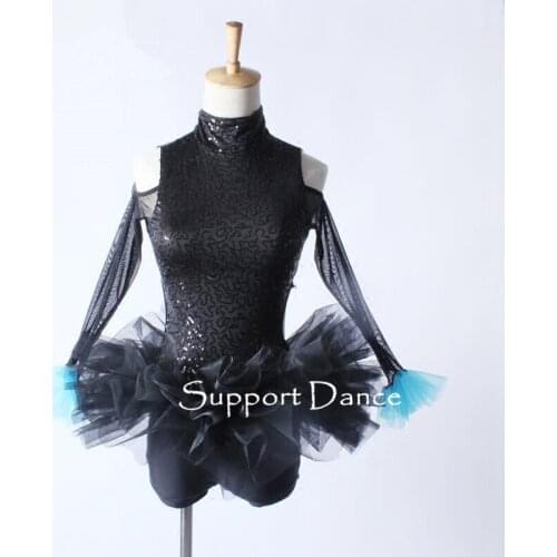 Sequin Black Ballet Tutu Dress Children Adult Mesh Long Sleeve With Flare Cuffs Sexy Performance Costume Support Dance C337
