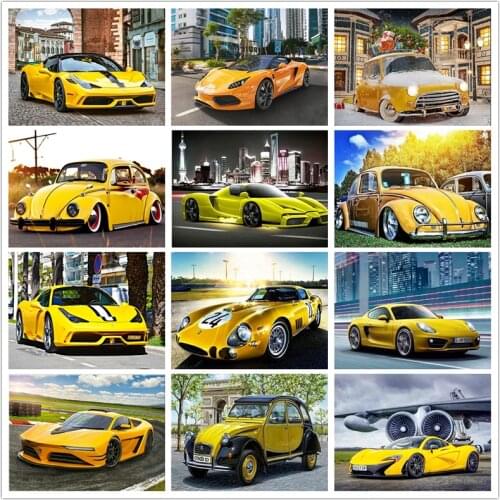 DIY 5D Diamond Painting Yellow Car Scenery Mosaic Embroidery Cross Stitch Landscape Home Kitchen Decor Full Square/Round Drill