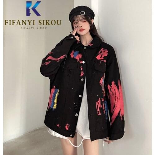 Jeans Jacket Women Graffiti Print Fashion Black Denim Jacket Pocket Long Sleeve Loose Streetwear Jeans Coat Harajuku Jackets