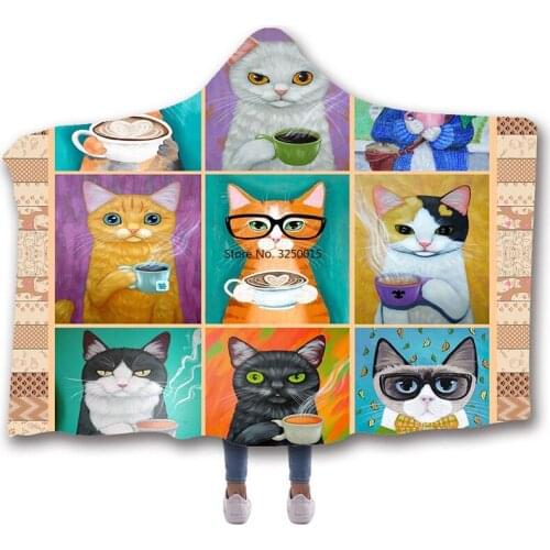 Cat Animal Print Hooded Blanket Fleece Blankets And Throws Blankets For Beds Double Layered Velvet Wearable Soft Blanket