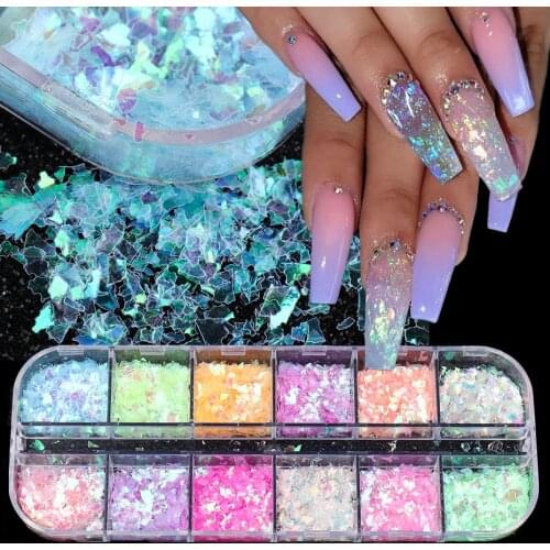 12 Grids Irregular Nail Glitter Flakes Fluorescent Spangles Sparkly Sequins 3D Arylic Nails Art Decorations Polish Manicure TRSP