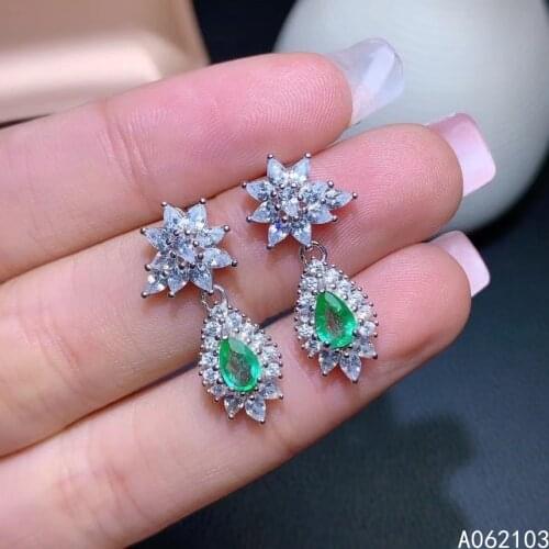 KJJEAXCMY 925 sterling silver inlaid natural emerald Womens delicate plant flower water drop Gemstone Stud support detection