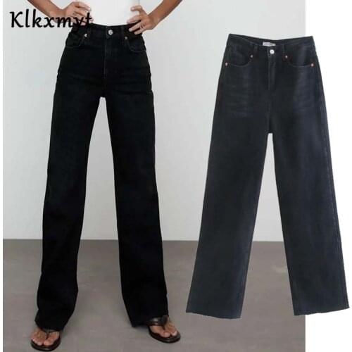 Klkxmyt Za 2021 Vintage Mom Jeans Woman England Fashion Elegant Solid Casual High Waist Jeans Loose Wide Leg Jeans For Women