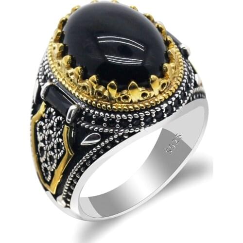 Natural Agate Stone 925 Silver Mens Ring Power Auspicious Ring Handmade Turkish Signet Rings Rock Jewelry Gift for Women Men