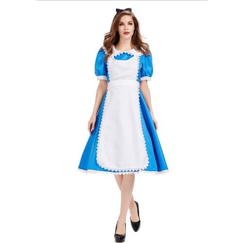 COLDKER Alice In Wonderland Costume For Women Blue Princess Maid Cosplay Halloween Purim Mardi Gras Party Dress