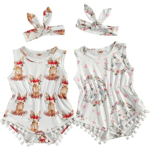 Citgeett Summer Easter Newborn Baby Girls 2-piece Outfit Set Cartoon Rabbit Print Romper+Headband Set
