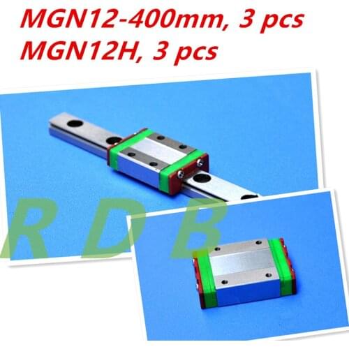 Miniature Linear Guide MGN12 400mm 12mm linear rail slide set: 3pcs MGN12-L400mm rail+3pcs MGN12H carriage cnc parts