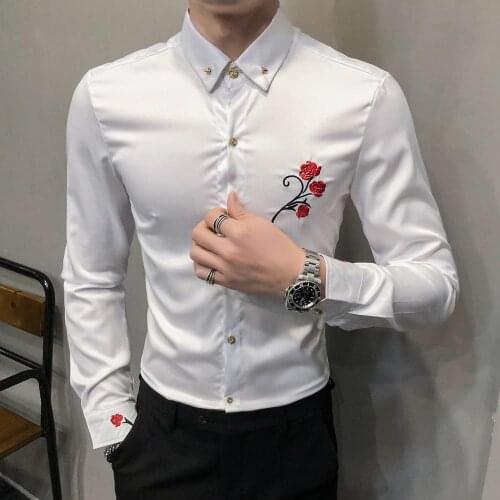 Black White Business Shirt Mens Rose Embroidery Long Sleeve Tuxedo Shirts Spring and Autumn Clothes 2021 Slim Fit Casual 3XL-M