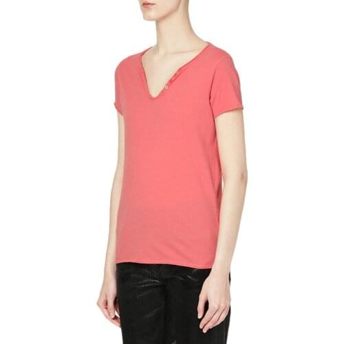 New Summer Pink Women V-Neck Letter Print Casual Cotton T-Shirt Female Fashion Designed Brand Tees Ladies Sweet Elegant Top ML75