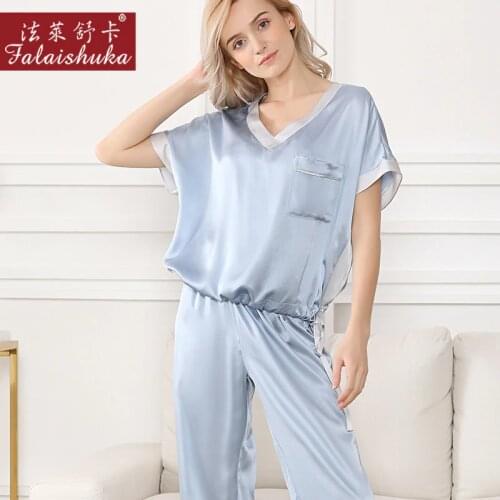 Fresh elegant 100% natural silk pajamas sets women sleepwear short sleeves noble 100% pure silk casual womens pyjamas T8206