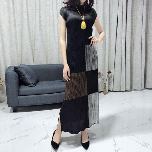 Miyake Pleated Dress Summer High Fashion Women Turtleneck Bronzing Long Slim Sleeveless Elegant A-line dress Vintage Clothes