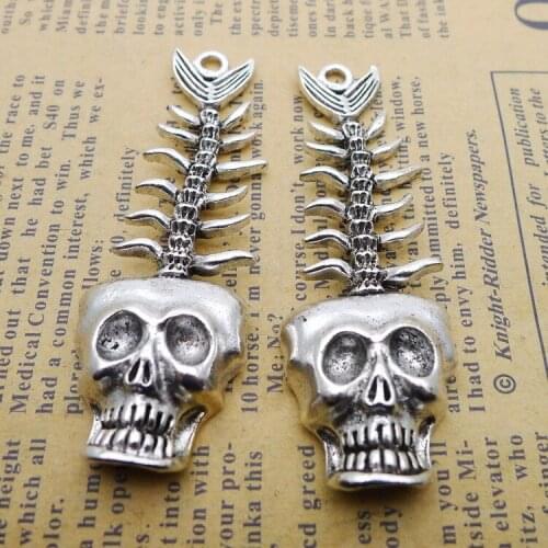 2pcs/Lot 20x60mm Skull Charms Antique Silver Color Fishbone Pendants for DIY Jewelry Making Charm