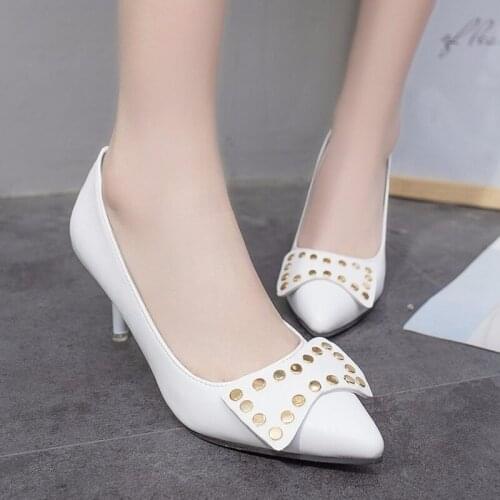 Soft Leather Shallow Fashion Womens High Heels Shoes Candy Colors Pointed Toe Women Pumps Rivet Shallow Thin Female Office Shoe
