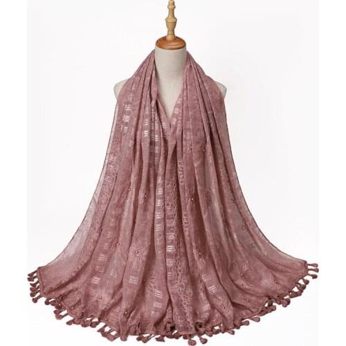 Spring Scarfs Women Lightweight Warm Soft Embroidered Floral Blanket Shawl Wraps Pearls Long Scarves Stoles Cotton Pom Pom Ball