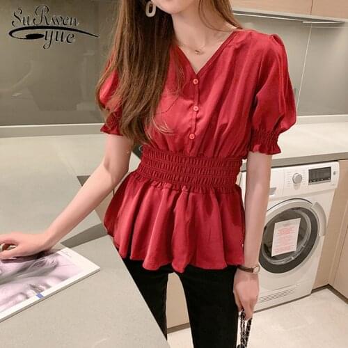 2021 Summer New Lantern Sleeve Waist Hugging Short-Sleeve Chiffon Shirt Summer Korean Style All-match Slim Blouse Women 8971 50
