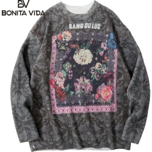 Bonita Vida Sweaters Hip Hop Vintage Flowers Butterfly Painting Knitted Sweater Streetwear Harajuku Loose Knitwear Jumpers Tops