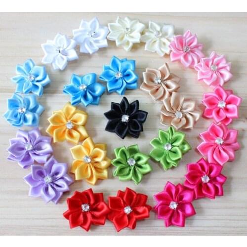150Pcs/Lot 3.0cm Mini Satin Flower Without Hair Clips Satin Ribbon Flower With Rhinestone 12 Colors U Pick Free Shipping