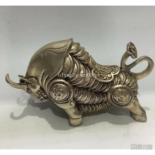 17cm tibetan copper silver-plated carved home fengshui deaor wealth animal Bull OX
