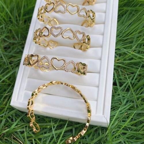 3PCS, Minimalist Gold Hollowed Out Cubiz Zircon Heart Bangles Female Charm Cuff Bangle Best Couple Jewelry Gift