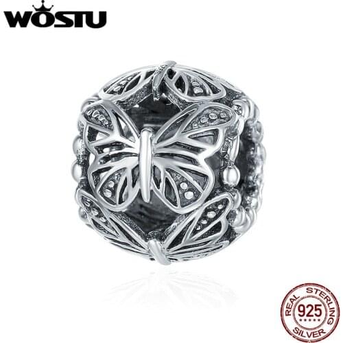 WOSTU Authentic 100% 925 Sterling Silver Stackable Butterfly Round Charm Beads fit DIY Charm Style Bracelet Jewelry Gift CQC491