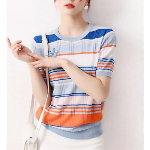 Color contrast rainbow top sweet 2021 summer new womens ice silk T-shirt round neck Pullover short sleeve T-shirt