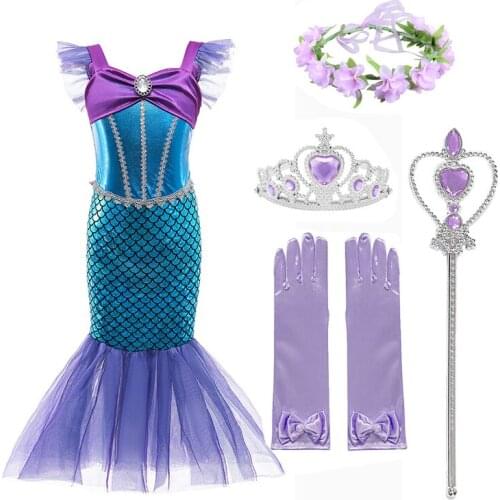 Girl Princess Little Mermaid Ariel Dress Kids Halloween Fancy Costume Children Carnival Birthday Party Clothes Summer Dress Up