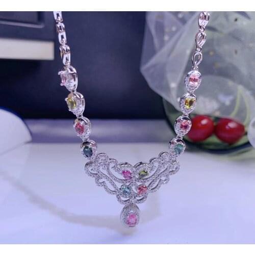 Graceful clear tourmaline gemstone necklace for women silver jewelry candy color natural gem real 925 silver party gift