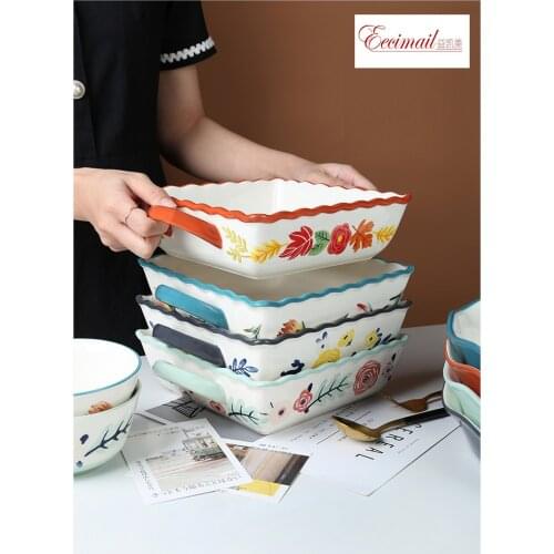 EECAMAIL Ceramic Baking Tray Square Double Ear Rice Bowl Domestic Western Dish Oven Special Tableware Creative Dish