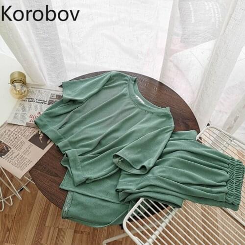 Korobov Korean Loose Casual O Neck Short Sleeve Sets and Vintage High Waist Elastics Shorts Women Two Pieces Outfits Suits
